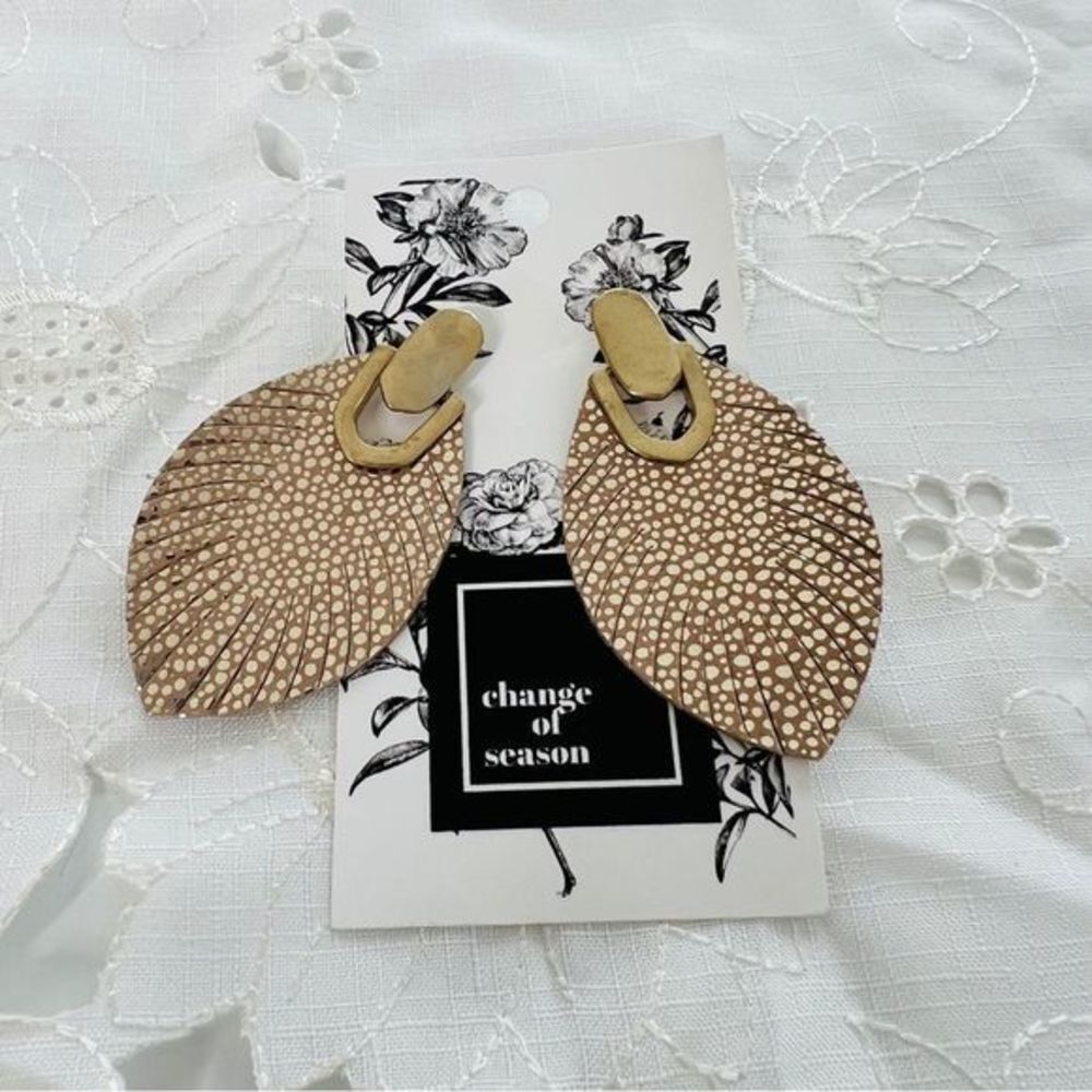 Leaf Earrings vegan leather drop statement gold tan